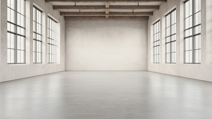 A spacious, empty room with large windows, concrete flooring, and high ceilings, offering a bright and airy atmosphere.