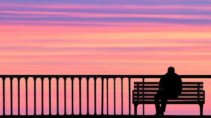 A solitary figure sits on bench, silhouetted against stunning sunset with vibrant pink and purple hues. tranquil scene evokes sense of peace and reflection
