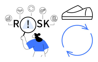 Person examining risk with magnifying glass, surrounded by icons representing business factors. Shoe icon and blue circular arrows. Ideal for risk management, business analysis, workflow improvement
