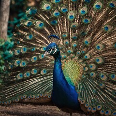 Obraz premium A peacock displaying its feathers in a sparkling magical garden.