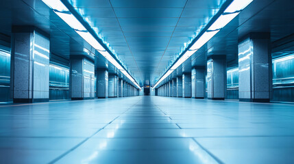 Obraz premium Futuristic empty subway platform with glowing blue lights
