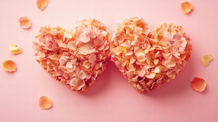 Fototapeta premium Two interlocked hearts made from flower petals on a pastel pink background