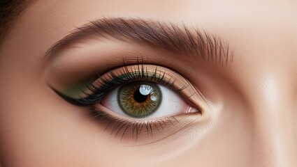 Obraz premium A closeup shot of stunning female eye, showcasing natural makeup, defined lashes, and radiant brows.