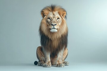 a lion sits against a plain background