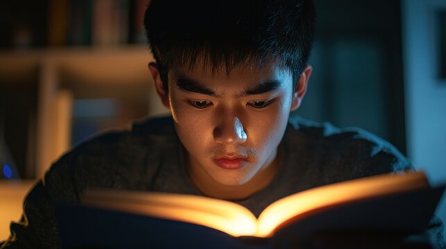 A student studying late at night, with a determined look of concentration while reading a textbook