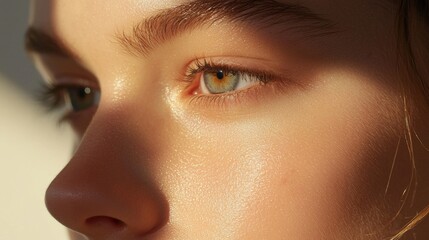 A close-up of a person's face, highlighting striking green eyes and smooth skin illuminated by soft natural light.