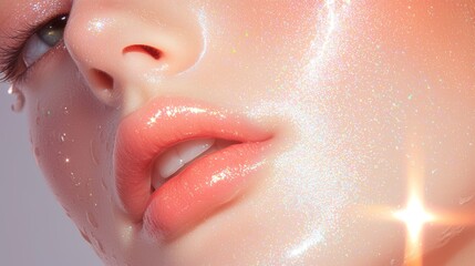 Fototapeta premium A close-up of a glowing, radiant face with dewy skin, featuring soft lips and a sparkling highlight, evoking a fresh and vibrant aesthetic.
