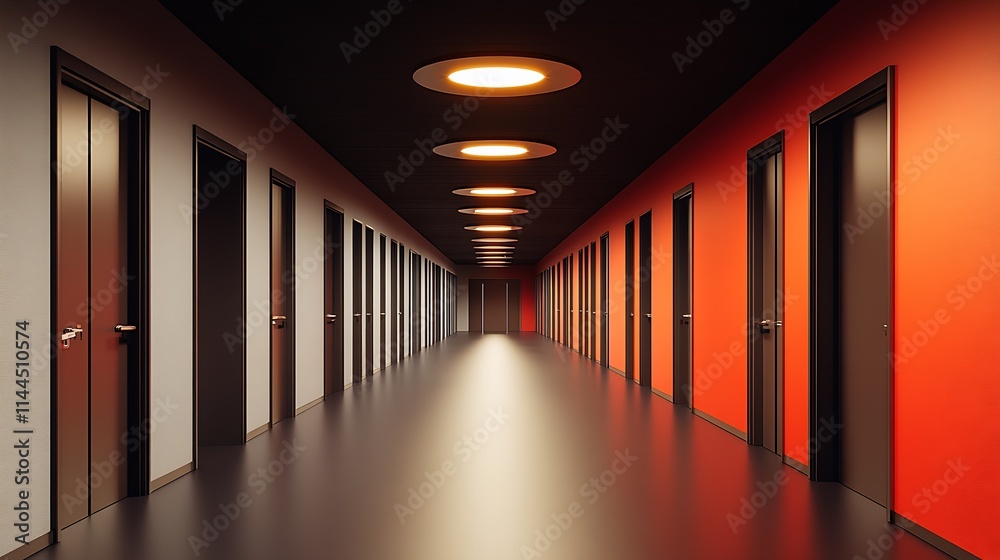 Poster modern hallway with alternating red and grey doors and atmospheric overhead lighting : generative ai