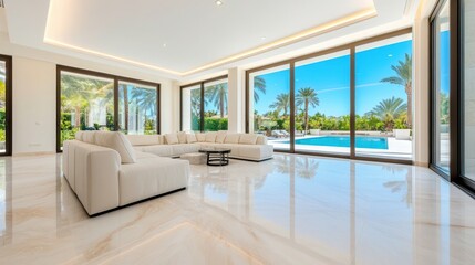 Fototapeta premium Elegant Modern Living Room with Large Windows and Pool View