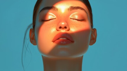 A close-up of a serene face with closed eyes, illuminated by soft light and shadow, set against a vibrant blue background.