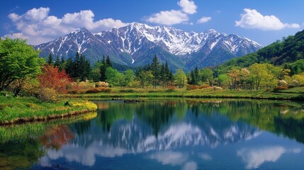 Fototapeta premium A tranquil mountain scene with a crystal-clear lake reflecting the surrounding snow-capped peaks and dreamy skies