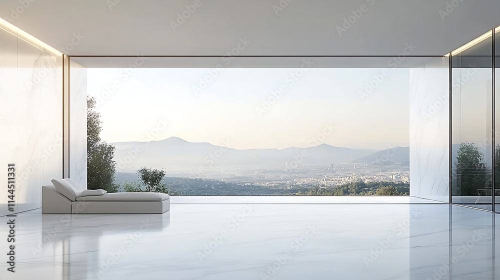 Poster minimalist modern interior with large window overlooking mountain view : generative ai