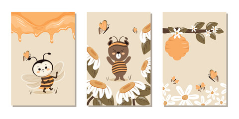 Fototapeta premium A set of children's templates for postcards, covers, banners, posters with a bee, a bear, flowers and beekeeping elements. Vector design