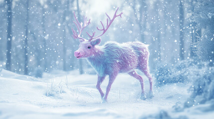 A pink and blue deer is walking through the snow