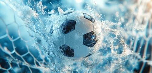 Naklejka premium Soccer ball splashes through water droplets creating dynamic visual effect during playful summer sports