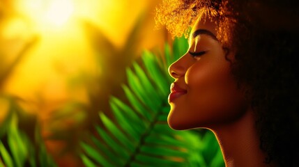 Fototapeta premium A serene profile of a woman with curly hair, illuminated by warm sunlight, surrounded by lush green leaves, exuding a sense of peace and tranquility.