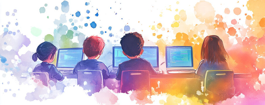 Children collaborating on coding projects in vibrant, creative environment, using laptops to learn programming and teamwork skills. colorful background adds inspiring, artistic touch