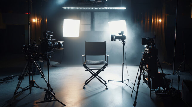 Professional film studio setup with empty director's chair and lighting