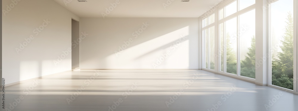 Poster Spacious Sunlit Room with Large Windows and Forest View for Interior Design : Generative AI