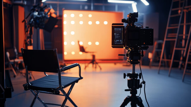Professional studio setup with camera and empty director's chair