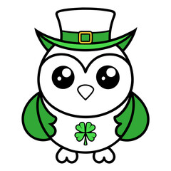 line art owl vector art. st patricks day owl wearing hat . green owl with hat vector art.