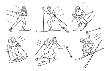 Obraz premium Hand drawn contour drawings set of skiing illustrations with skiers in action with dynamic poses, highlighting winter sports and movement. Vector winter sport outline drawing on white background