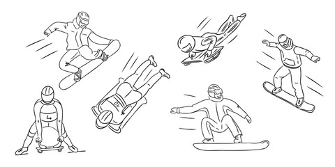 Hand drawn winter sports outline doodles with snowboarders, sledding, and athletes in dynamic action poses, showcasing energy and outdoor adventure. Vector outline drawing for coloring pages