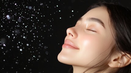 A serene young woman with her eyes closed, enjoying a moment of tranquility as shimmering particles float around her against a dark backdrop.
