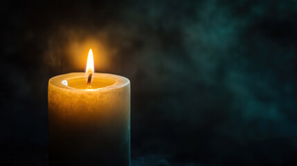Burning candle on dark background. Candlelight in darkness. Memory day, remembrance, hope concept
