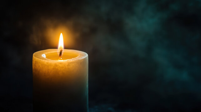Burning candle on dark background. Candlelight in darkness. Memory day, remembrance, hope concept