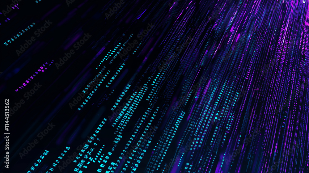 Poster Abstract digital art: Glowing blue and purple data stream on a dark background. Futuristic technology concept with neon light effects. Big data visualization, AI, machine learning, and quantum computi