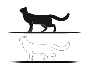 Standing cat silhouette and line art cat vector illustration on a white background