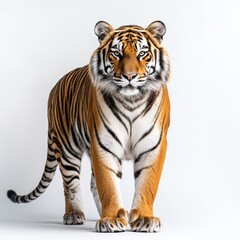 Naklejka premium A full view of a tiger standing against a white background