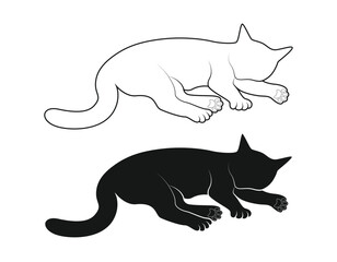 Sleeping cat silhouette and line art cat vector illustration on a white background
