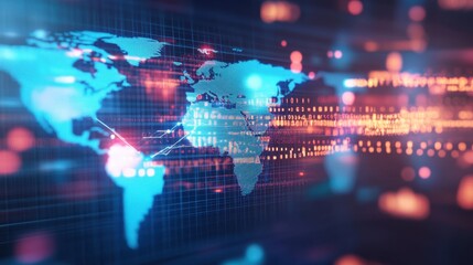 Obraz premium Global Network Data Flow, Digital World Map with Code and Charts.
