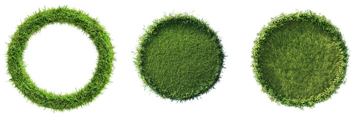 Set of A circle of lush green grass in the middle of a sunlit park on transparent png background