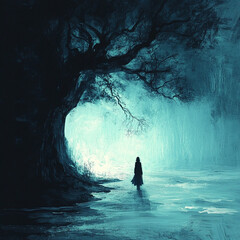 Fototapeta premium Mysterious Figure Walking Towards Glowing Light in Ethereal Forest with Twisted Trees and Enigmatic Atmosphere Capturing Themes of Solitude and Discovery