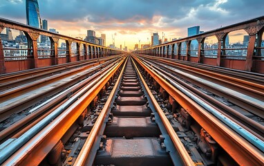 Fototapeta premium Train tracks vanishing point perspective, city skyline sunset.