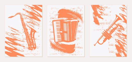 Set of musical backgrounds. Vintage templates with trumpet, saxophone, accordion on the background of sheet music. Vector. Abstract brush strokes with paint texture.