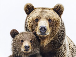 two brown bears looking at the camera on a white background