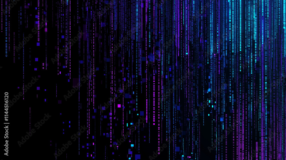 Poster Abstract digital art: Glowing blue and purple data stream on a dark background. Futuristic technology concept with neon light effects. Big data visualization, AI, machine learning, and quantum computi