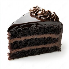 Chocolate Cake Slice with Ganache Frosting and Rich Layers Isolated on White Background