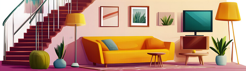 Living room interior furniture and design elements. Cartoon vector illustration set of home or hotel modern cabinetry - yellow sofa and armchair, stairs and tv, table and floor lamp, picture and plant