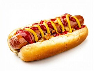 Classic Hot Dog with Mustard and Ketchup in a Soft Bun on White Background