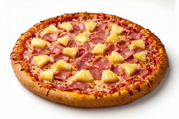 Hawaiian Pizza with Ham, Pineapple, and Golden Crust on White Background
