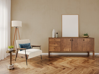 Frame mockup in Interior, a living room with a chair, a lamp, and a picture on the wall with transparent background, 3D rendering