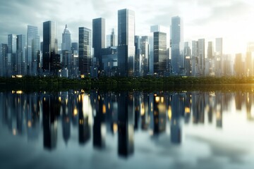 Fototapeta premium City skyline reflecting on water at dusk with glowing lights illuminating buildings and surroundings