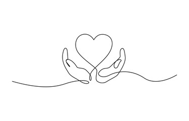 Hands holding heart continuous one line art drawing. Charity donation linear symbol, One continuous line drawing of hands holding heart. Concept of love relationship and volunteer organisation symbol.