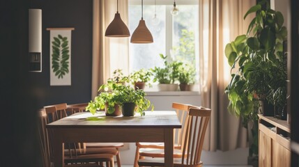 Sunlit dining room with wooden table, plants, and beige curtains.