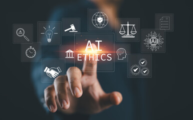 AI Ethics and Governance in Artificial Intelligence. Businessman touching with icons representing...